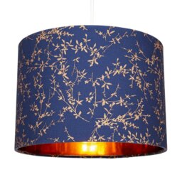 "Rackhams Modern Navy Blue Cotton Fabric 12"" Lamp Shade with Copper Foil Floral Decoration" - thumbnail 2