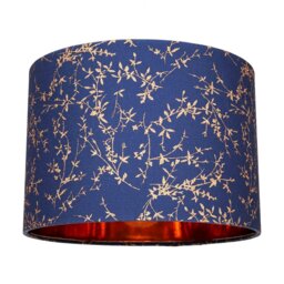 "Rackhams Modern Navy Blue Cotton Fabric 12"" Lamp Shade with Copper Foil Floral Decoration"