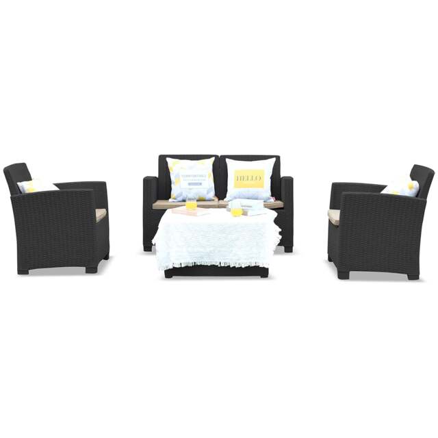 Rackhams SANTANA 4 Piece PE Rattan 4-Seater with Cushions Garden Furniture and Coffee Table Set in Black - 1 - Black - Sofa Set - image 1