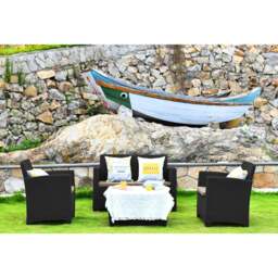 Rackhams SANTANA 4 Piece PE Rattan 4-Seater with Cushions Garden Furniture and Coffee Table Set in Black - 1 - Black - Sofa Set - thumbnail 2