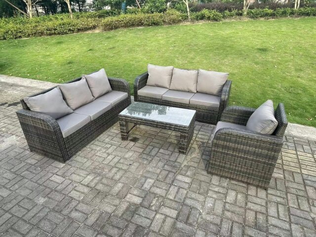 Rackhams 7 Seater Dark Grey PE Wicker High Back Rattan Garden Furniture Set Reclining Chair Lounge 3 Seater Sofa Set Outdoor Rectangular Coffee Table - image 1