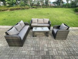 Rackhams 7 Seater Dark Grey PE Wicker High Back Rattan Garden Furniture Set Reclining Chair Lounge 3 Seater Sofa Set Outdoor Rectangular Coffee Table - thumbnail 2
