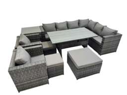 Rackhams Rattan Garden Furniture Set Outdoor 11 Seater Patio Dining Corner Sofa Sets with Dining Table 2 Chairs 3 Stools Side Table Dark Grey Mixed - thumbnail 1