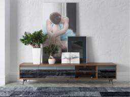 Rackhams Mirror Effect Black Glass, Walnut and Black Steel TV Unit 3048 - thumbnail 3