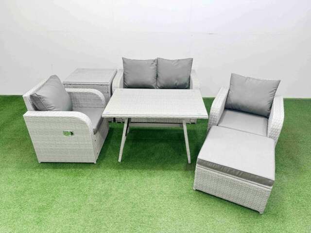 Rackhams Light Grey PE Wicker Rattan Garden Furniture Set Sofa Set Reclining Chair Love Sofa Rectangular Dining Table Big Stool Side Table - image 1