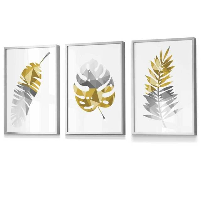 Rackhams Set of 3 Geometric Yellow Grey Tropical Leaves Wall Art Framed / Prints - 42x59cm (A2) - Silver - image 1