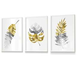 Rackhams Set of 3 Geometric Yellow Grey Tropical Leaves Wall Art Framed / Prints - 42x59cm (A2) - Silver - thumbnail 6