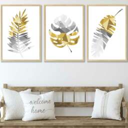 Rackhams Set of 3 Geometric Yellow Grey Tropical Leaves Wall Art Framed / Prints - 42x59cm (A2) - Silver - thumbnail 2