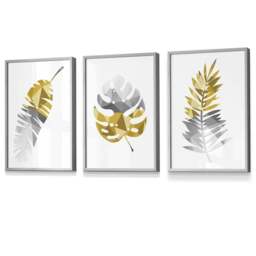 Rackhams Set of 3 Geometric Yellow Grey Tropical Leaves Wall Art Framed / Prints - 42x59cm (A2) - Silver - thumbnail 4