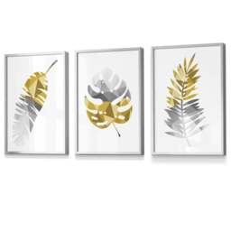 Rackhams Set of 3 Geometric Yellow Grey Tropical Leaves Wall Art Framed / Prints - 42x59cm (A2) - Silver - thumbnail 1