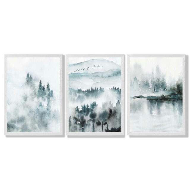 Rackhams Teal Blue Abstract Forest Lake Set of 3 Framed Wall Art - 42x59cm (A2) - White - image 1