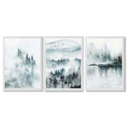 Rackhams Teal Blue Abstract Forest Lake Set of 3 Framed Wall Art - 42x59cm (A2) - White - thumbnail 1