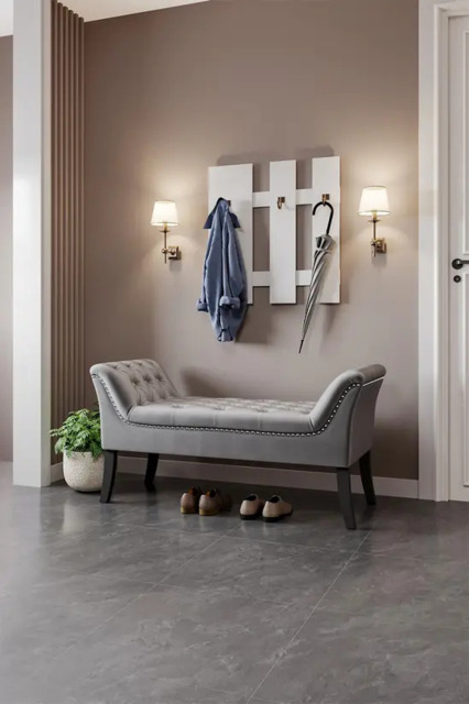 Rackhams Grey Velvet Buttoned Bench with Black Wood Legs - Grey - image 1