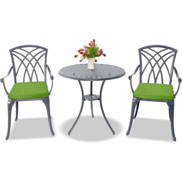 Rackhams OSHOWA Luxurious Garden and Patio Table and 2 Large Chairs with Armrests Cast Aluminium Bistro Set - Grey with Green Cushions - image 1
