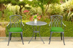 Rackhams OSHOWA Luxurious Garden and Patio Table and 2 Large Chairs with Armrests Cast Aluminium Bistro Set - Grey with Green Cushions - thumbnail 6