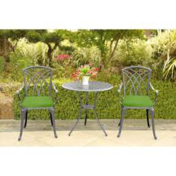 Rackhams OSHOWA Luxurious Garden and Patio Table and 2 Large Chairs with Armrests Cast Aluminium Bistro Set - Grey with Green Cushions - thumbnail 4