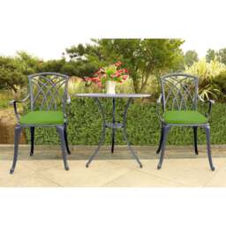 Rackhams OSHOWA Luxurious Garden and Patio Table and 2 Large Chairs with Armrests Cast Aluminium Bistro Set - Grey with Green Cushions - thumbnail 2