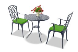 Rackhams OSHOWA Luxurious Garden and Patio Table and 2 Large Chairs with Armrests Cast Aluminium Bistro Set - Grey with Green Cushions - thumbnail 2