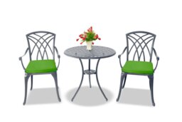 Rackhams OSHOWA Luxurious Garden and Patio Table and 2 Large Chairs with Armrests Cast Aluminium Bistro Set - Grey with Green Cushions - thumbnail 1