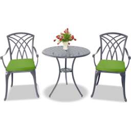Rackhams OSHOWA Luxurious Garden and Patio Table and 2 Large Chairs with Armrests Cast Aluminium Bistro Set - Grey with Green Cushions