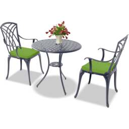 Rackhams OSHOWA Luxurious Garden and Patio Table and 2 Large Chairs with Armrests Cast Aluminium Bistro Set - Grey with Green Cushions - thumbnail 5