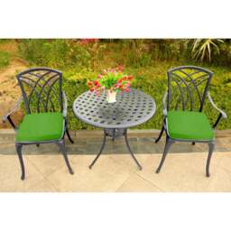 Rackhams OSHOWA Luxurious Garden and Patio Table and 2 Large Chairs with Armrests Cast Aluminium Bistro Set - Grey with Green Cushions - thumbnail 6