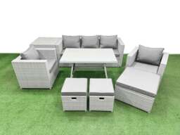 Rackhams 9 Pieces Outdoor PE Rattan Sofa Armchair Set Patio Garden Furniture Sets with Cushions Side Table 3 Stools Light Grey - thumbnail 1
