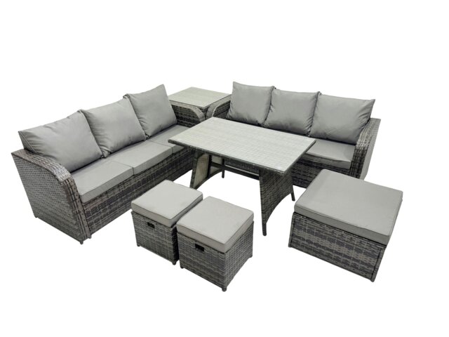Rackhams Garden Rattan Outdoor Furniture Set 9 Seater with 3 Seater Sofa 3 Stools Side Table Dark Grey - image 1