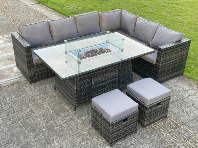Rackhams Outdoor Rattan Garden Corner Furniture Gas Fire Pit Table Sets Gas Heater Lounge Small Footstools Dark Grey Mixed 8 Seater - image 1