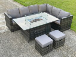Rackhams Outdoor Rattan Garden Corner Furniture Gas Fire Pit Table Sets Gas Heater Lounge Small Footstools Dark Grey Mixed 8 Seater - thumbnail 1