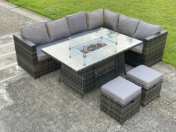 Rackhams Outdoor Rattan Garden Corner Furniture Gas Fire Pit Table Sets Gas Heater Lounge Small Footstools Dark Grey Mixed 8 Seater - thumbnail 2