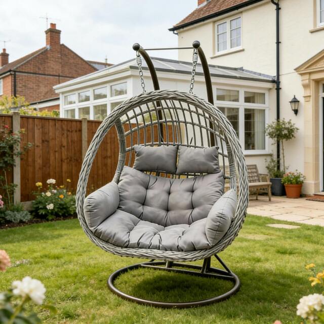 Rackhams Indoor Outdoor Hammock Patio Rattan Two Seater Egg Hanging Chair Garden With Grey Thick Cushion - image 1