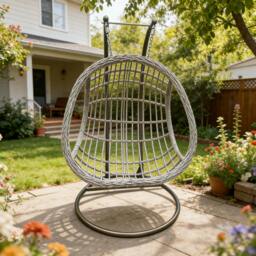 Rackhams Indoor Outdoor Hammock Patio Rattan Two Seater Egg Hanging Chair Garden With Grey Thick Cushion - thumbnail 5