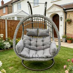 Rackhams Indoor Outdoor Hammock Patio Rattan Two Seater Egg Hanging Chair Garden With Grey Thick Cushion - thumbnail 2