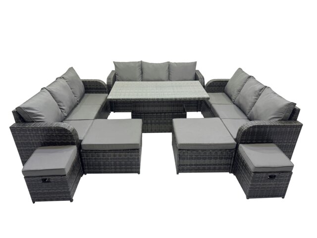 Rackhams Rattan Garden Furniture Dining Set 13 seater Patio Height Adjustable Rising Lifting Table Sofa Set with 4 Footstools Dark Grey Mixed - image 1