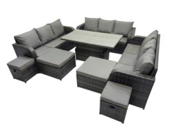 Rackhams Rattan Garden Furniture Dining Set 13 seater Patio Height Adjustable Rising Lifting Table Sofa Set with 4 Footstools Dark Grey Mixed - thumbnail 2