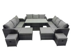 Rackhams Rattan Garden Furniture Dining Set 13 seater Patio Height Adjustable Rising Lifting Table Sofa Set with 4 Footstools Dark Grey Mixed - thumbnail 1