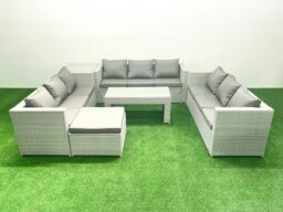 Rackhams Rattan Garden Outdoor Furniture Set 10 Seater Garden Sofa Oblong Coffee Table Set with Big Footstool Side Table Light Grey Mixed - thumbnail 2
