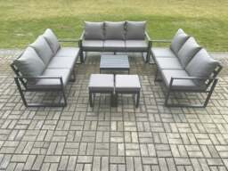 Rackhams Aluminium 11 Seater Outdoor Garden Furniture Set Patio Lounge Sofa with Square Coffee Table 2 Small Footstools Conservatory Set Dark Grey - thumbnail 2