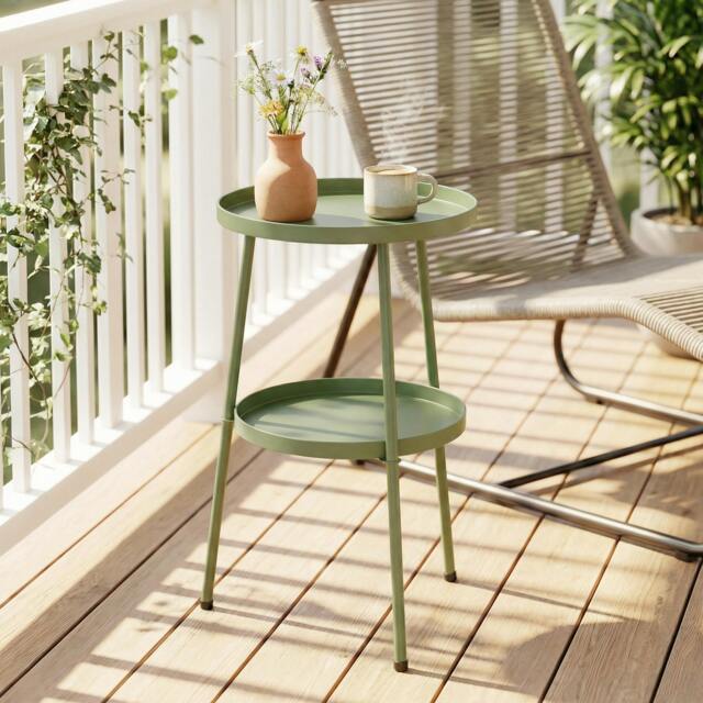 Rackhams Patio Side Table, 2-Tier Round Coffee End Table - Light Green - image 1