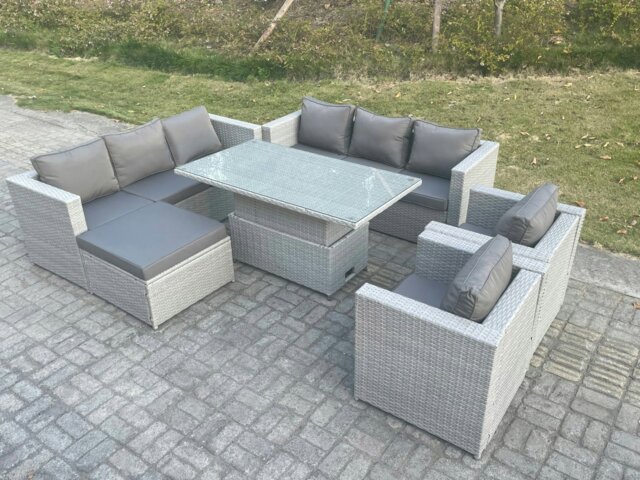Rackhams Rattan Garden Funiture Set Height Adjustable Rising Lifting Table Sofa Dining Set Lounge Sofa 2 Arm Chair Footstool - image 1
