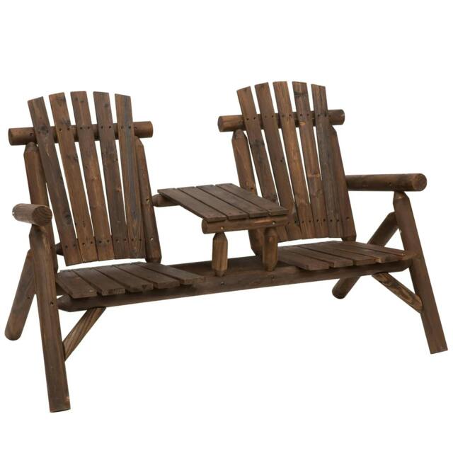 Rackhams Wood Patio Chair Bench 2 Seats Jack and Jill Seat w/ Center Coffee Table, Garden Bench, Carbonized - image 1