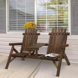 Rackhams Wood Patio Chair Bench 2 Seats Jack and Jill Seat w/ Center Coffee Table, Garden Bench, Carbonized - thumbnail 2