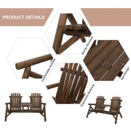 Rackhams Wood Patio Chair Bench 2 Seats Jack and Jill Seat w/ Center Coffee Table, Garden Bench, Carbonized - thumbnail 4