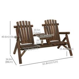 Rackhams Wood Patio Chair Bench 2 Seats Jack and Jill Seat w/ Center Coffee Table, Garden Bench, Carbonized - thumbnail 3