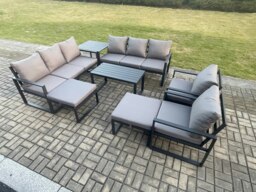 Rackhams Aluminium Outdoor Garden Furniture Lounge Sofa 2 PC Chairs Oblong Coffee Table Sets with Side Table 2 Big Footstool Dark Grey - thumbnail 2