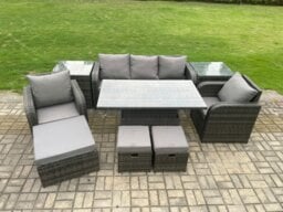 Rackhams Outdoor Rattan Furniture Sofa Garden Dining Sets Height Adjustable Rising lifting Table and Chair Set With 2 Side Tables 3 Footstools - thumbnail 1