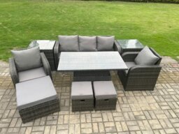 Rackhams Outdoor Rattan Furniture Sofa Garden Dining Sets Height Adjustable Rising lifting Table and Chair Set With 2 Side Tables 3 Footstools - thumbnail 2