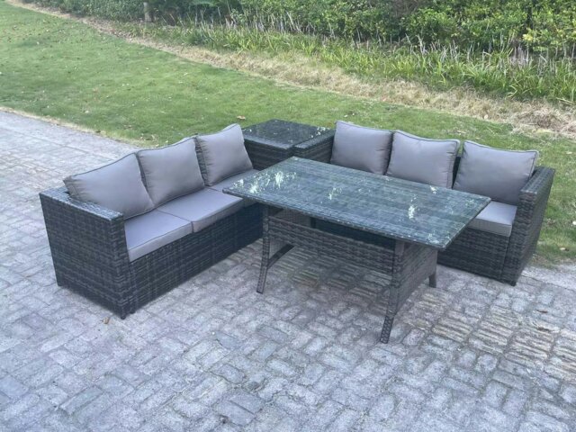Rackhams PE Wicker Outdoor Garden Furniture Set Patio Rattan Rectangular Dining Table Lounge Sofa with Side Table 6 Seater Dark Grey Mixed - image 1