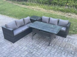 Rackhams PE Wicker Outdoor Garden Furniture Set Patio Rattan Rectangular Dining Table Lounge Sofa with Side Table 6 Seater Dark Grey Mixed - thumbnail 2